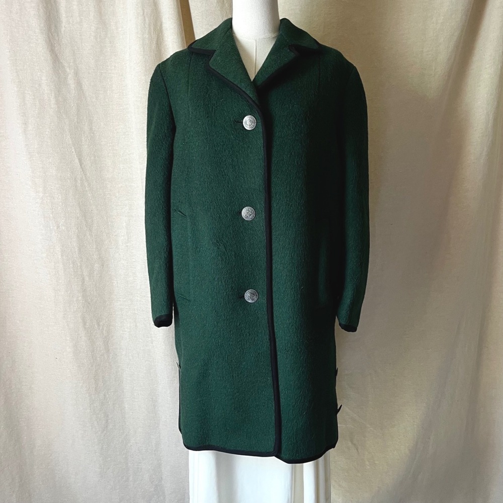 Vintage G. Janke Austria Green Wool Loden Coat Silver Coin Buttons Size  S/M